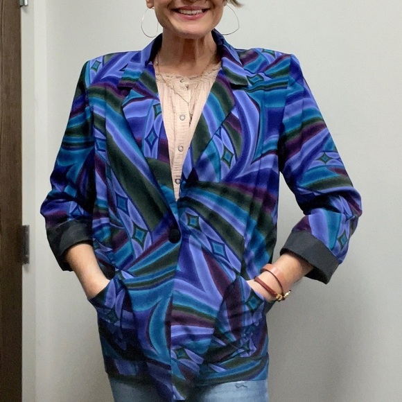 Vintage 80s 90s Polyester Boxy Dressy Festival Abstract Disco Blazer Jacket - Picture 3 of 15